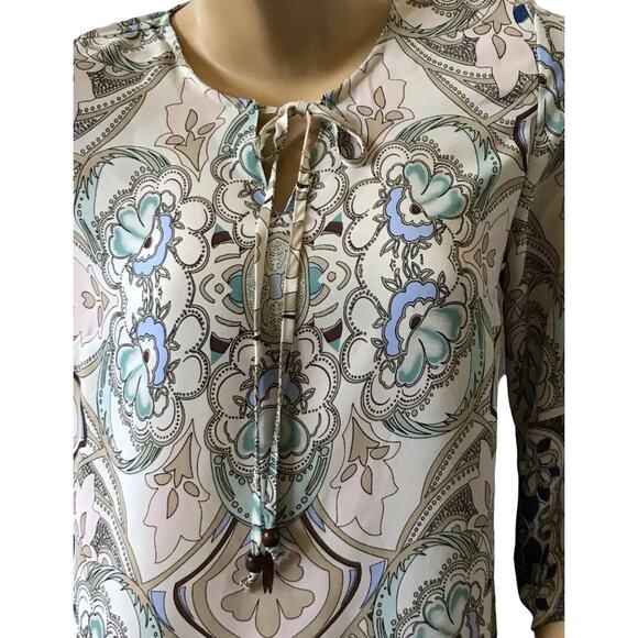 AVA CHRISTINE Womens Size XS Bohemian Peasant 3/4 Sleeve Keyhole Blouse Shirt - Picture 4 of 5